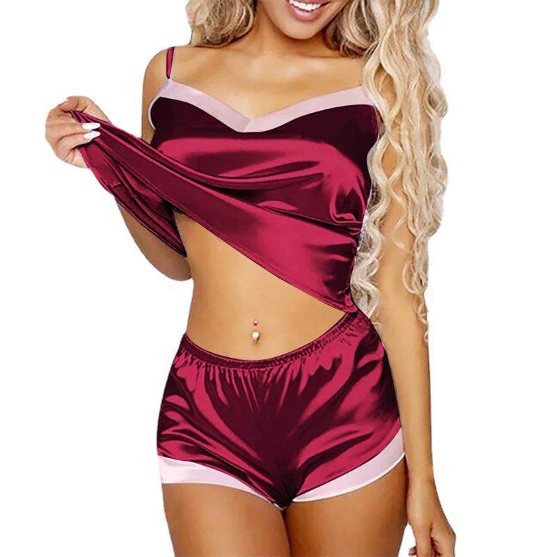 Two-piece Pajamas Suit Silk-like Charming Suspenders Shorts Satin Sexy Home Clothes