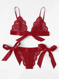 New European and American Style Sexy Women's Solid Color Hollow-out Bow Erotic Set