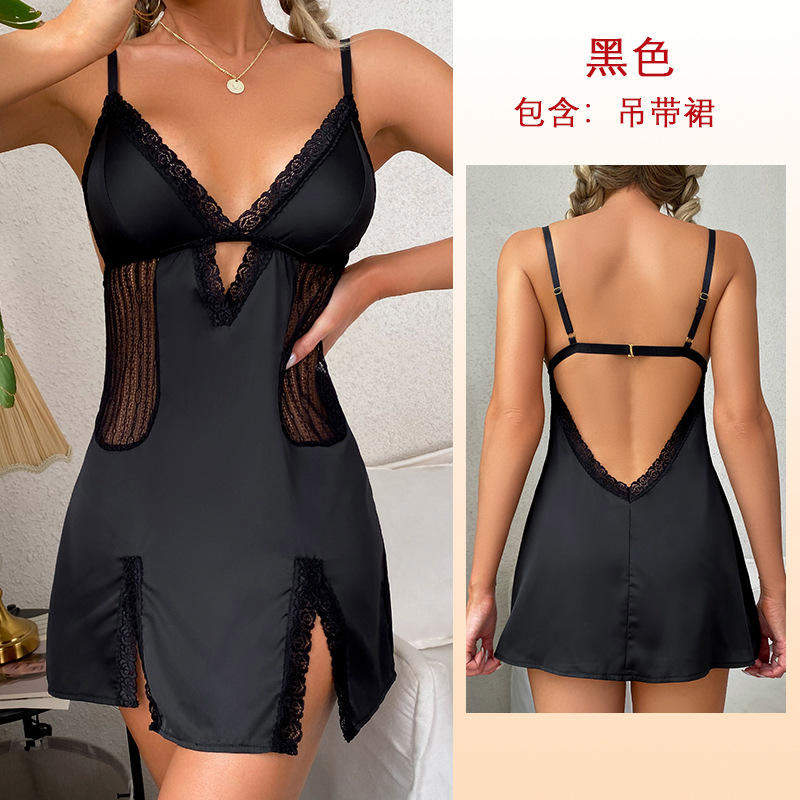 European American Hot Style Sexy Deep V Solid Color Suspender Jumpsuit Satin Breathable Backless Strap Comfortable Homewear
