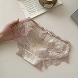 Low-Rise Floral Lace Silk-Surface Gauze Thin Sexy Mesh Bow-Knot Summer Thong Women