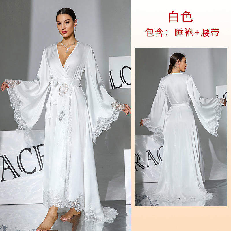 Black White Two-Tone Satin Lace Breathable Summer Elegant Robe Light Luxury Long Style Bell Sleeves Tie Sexy Home Dressing Gown