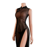 Lingerie Sheer See-Through Sleeveless Sexy Womens Slim-fit Alluring Long-slit Cheongsam Pajamas Spring
