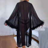 Sexy Netting Cardigan Pajamas Sexy Japanese Night Gown Simulated Feather Bathrobe