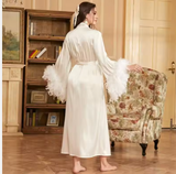 Luxury Feather-Trimmed Nightgown – Elegant Women’s V-Neck Loungewear with a Sophisticated Tie-Up Waist Design