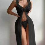 Luxury Pink Floral Lace Maxi Robe – Elegant V-Neck Sheer Nightgown with Sophisticated Open-Front Design