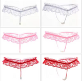 Luxury Embroidered Lace Thong – Delicate Pearl Detail & Open-Crotch Design for Women