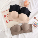 Women's Seamless Strapless Bralette Thin Breathable Front-Buttoned Push-up Bra with Logo on Cup Invisible Front Buckle Bra