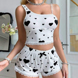 Home Women's Two-Piece Set Elastic Waist Spandex Heart Print Camisole Shorts Casual Ribbed Autumn Pajamas