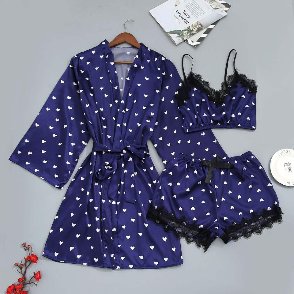 Women's Underwear Pajamas Sets Lingerie Dress Sexy Silk Satin Robe 3pcs Sleepwear Cami Top Stain Pjs for Women