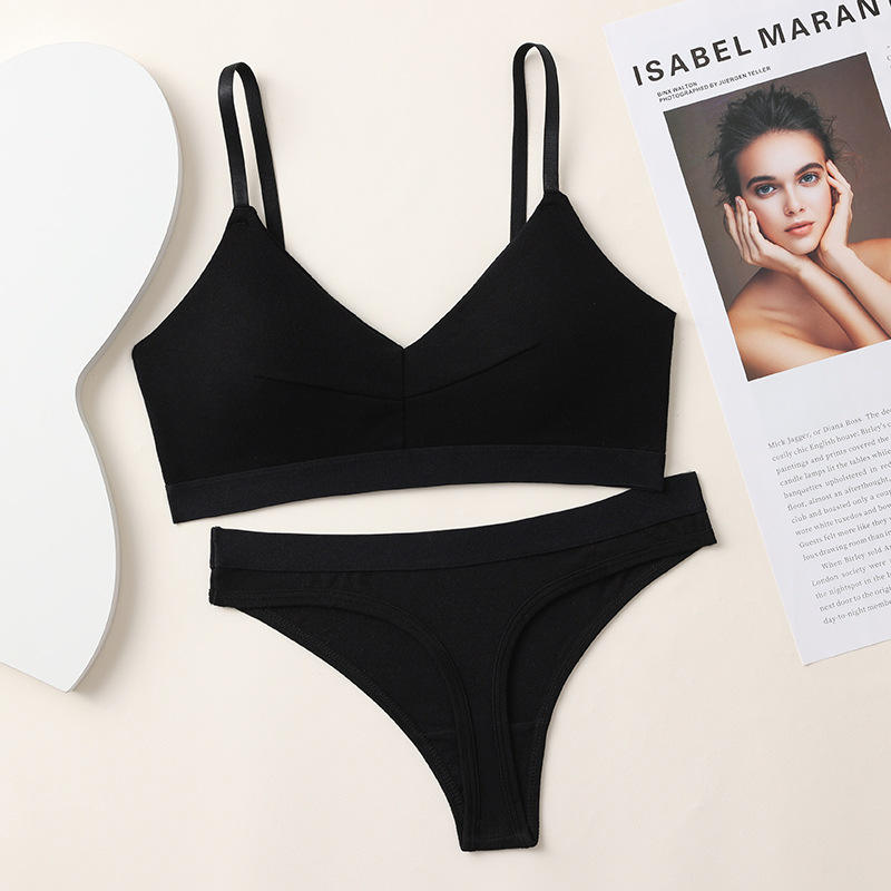 Women's Comfortable Underwear Set Pure Cotton Bra Triangle Cup Thong Panties Wire Free Support Bikini Type