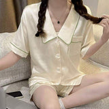 Womens Satin Silky Pajama Sets Short Sleeve Shirt XS-4XL Floral Pajamas Set Soft PJ Loungewear Sleepwear