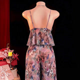 Spring European American Style Mesh Printed Polyester Sexy Pajamas Sheer Floral Lingerie Set