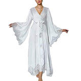 Black White Two-Tone Satin Lace Breathable Summer Elegant Robe Light Luxury Long Style Bell Sleeves Tie Sexy Home Dressing Gown