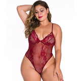 Cross-border Sexy Lace See-through Mesh Deep V Lingerie Plus Size Tight Bodysuit for Women