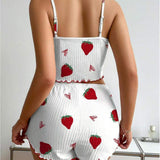 European & American Summer Strawberry Heart Print Ribbed Elastic Waist Camisole Shorts Two-Piece Set Women's Loungewear