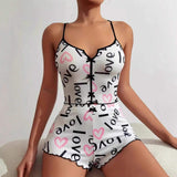 New Arrival Spandex Spring Heart-Shaped Printed Color-Block Clothing Front Slit Strappy Pajamas Set