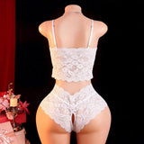 European American Style Sexy Alluring Floral Lace V-neck Open-Crotch Pajama Two-Piece Set