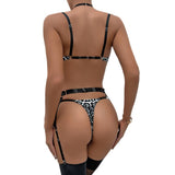 New Style Sexy Lingerie Sexy Ribbon Stitching Leopard Print Open Chest Complicated Craft Women's Suit