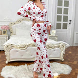 New Heart Pattern Homewear Set Long Pants Soft Skin-Friendly Comfortable Women's Pajamas Elastic Waist Autumn
