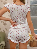Chic Floral Patchwork Pajama Set – Women’s Spring Top & Shorts with Elegant Lettuce Edge Hem