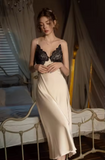 Luxury Cooling Satin Nightgown – Elegant Lace Sling Long Dress with Sophisticated Over-the-Knee Silhouette