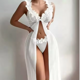 Luxury Pink Floral Lace Maxi Robe – Elegant V-Neck Sheer Nightgown with Sophisticated Open-Front Design