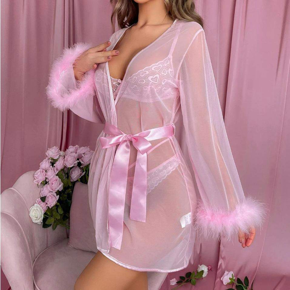 New Sexy Sheer Gauze Robe Bathrobe See-through Home Wear Furry Stitching Sleeves Mid-Length Sleepwear