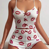 New Arrival Spandex Spring Heart-Shaped Printed Color-Block Clothing Front Slit Strappy Pajamas Set
