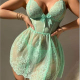 New European and American Style Erotic for Women Sexy Deep V Mesh Printed Nightdress Loungewear Set