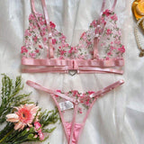 European and American Fashion Rose Embroidery Perspective Sexy love Buckle Thong Fun Suit