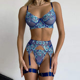 New Style 4-Piece Sexy Lingerie Set Low-Rise Embroidered Bra & G-String Panties with Adjusted-Straps & Lace Decoration