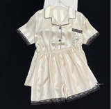 Chic Women’s Lapel Cardigan Pajama Set – Short Sleeve Sleepwear with Delicate Lace Trim Detail