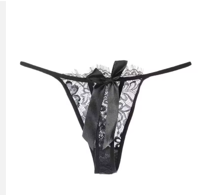 Chic Monochrome Lace Thong – Low-Rise Shiny T-Back with Delicate Bow & Thin Straps