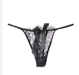Chic Monochrome Lace Thong – Low-Rise Shiny T-Back with Delicate Bow & Thin Straps
