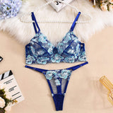 New Style 4-Piece Sexy Lingerie Set Low-Rise Embroidered Bra & G-String Panties with Adjusted-Straps & Lace Decoration