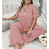 Women's Plus Size Casual Home Wear Pajama Set Summer New Short-Sleeved Two-Piece Elastic Waist Closure Solid Pattern Breathable