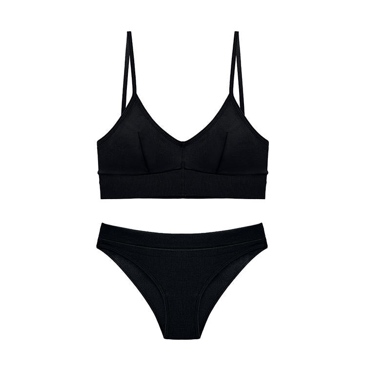 Women's Cotton Underwear Set Sexy Solid Backless Sling Lingerie High Elasticity Sporty Bra Bikini Fitness Crop Top