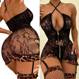 Leopard Neck Tie Zipper Mesh Sexy Costumes Womens Sexy Underwear Mesh Bodysuit with Stockings