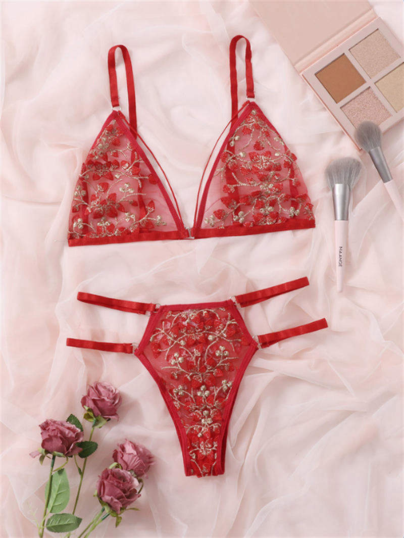 Sexy Three-Point Floral Embroidery Bra & Panty Set, Erotic for Women