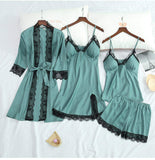 Women's Underwear Pajamas Sets Lingerie Dress Sexy Silk Satin Robe 4pcs Sleepwear Cami Top Stain Pjs for Women