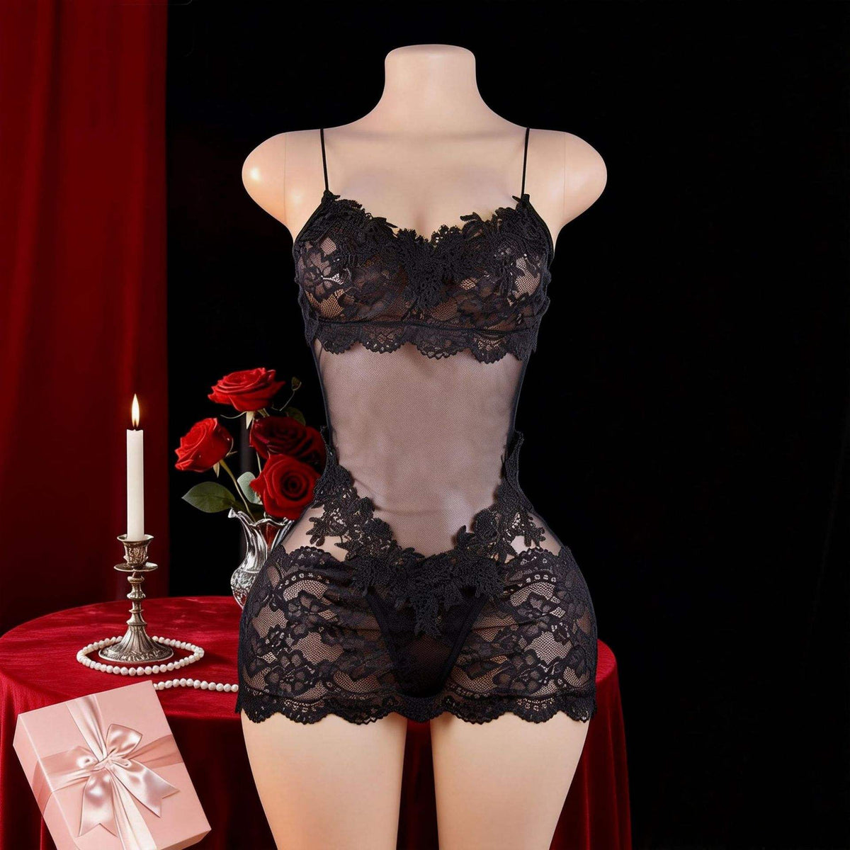 Sheer Gauze Transparent Water-Soluble Lace Sleeveless Polyester Pure Desire Sexy Nightdress Lingerie