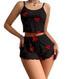 Summer European American Knitted Ribbed Heart Print Design Sweet Collarless Polyester Camisole Shorts Pure Women's Pajamas
