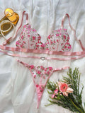 European and American Fashion Rose Embroidery Perspective Sexy love Buckle Thong Fun Suit