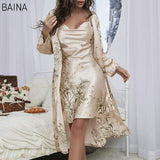 Women's Summer/Spring Two-Piece Set Home Lace-Up Nightgown with Mid-Length Outer Wear Thin Outer Wear Nightgown