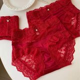 High-End Red Underwear for Ladies Cotton Crotch Mid-rise Dot Pattern Breathable Alluring Lace Wedding Shorts