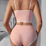 Lace Silk Slim High Elastic V-neck Mid-waist Tank Top Pants and Bra Women's Panties Underwear Set