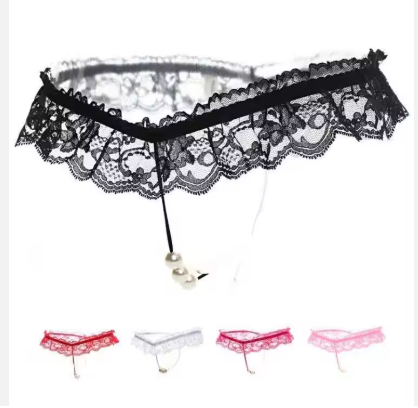 Luxury Embroidered Lace Thong – Delicate Pearl Detail & Open-Crotch Design for Women