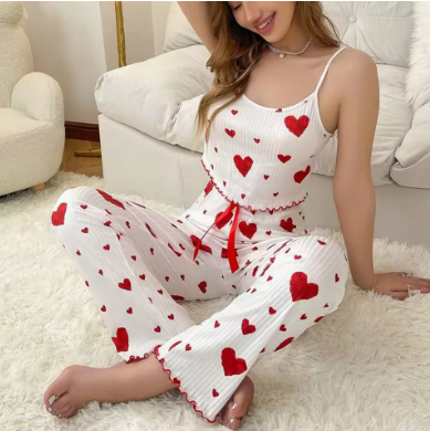 Chic Women’s Ribbed Heart Cami & Pants Set – Versatile 2-Piece Loungewear for Home & Streetwear