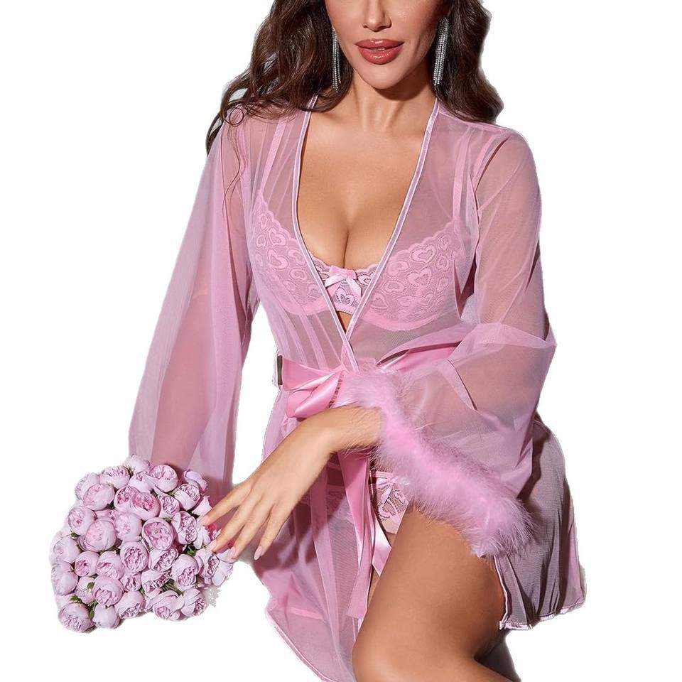 New Sexy Sheer Gauze Robe Bathrobe See-through Home Wear Furry Stitching Sleeves Mid-Length Sleepwear