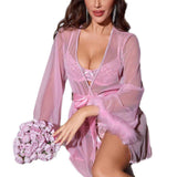 New Sexy Sheer Gauze Robe Bathrobe See-through Home Wear Furry Stitching Sleeves Mid-Length Sleepwear